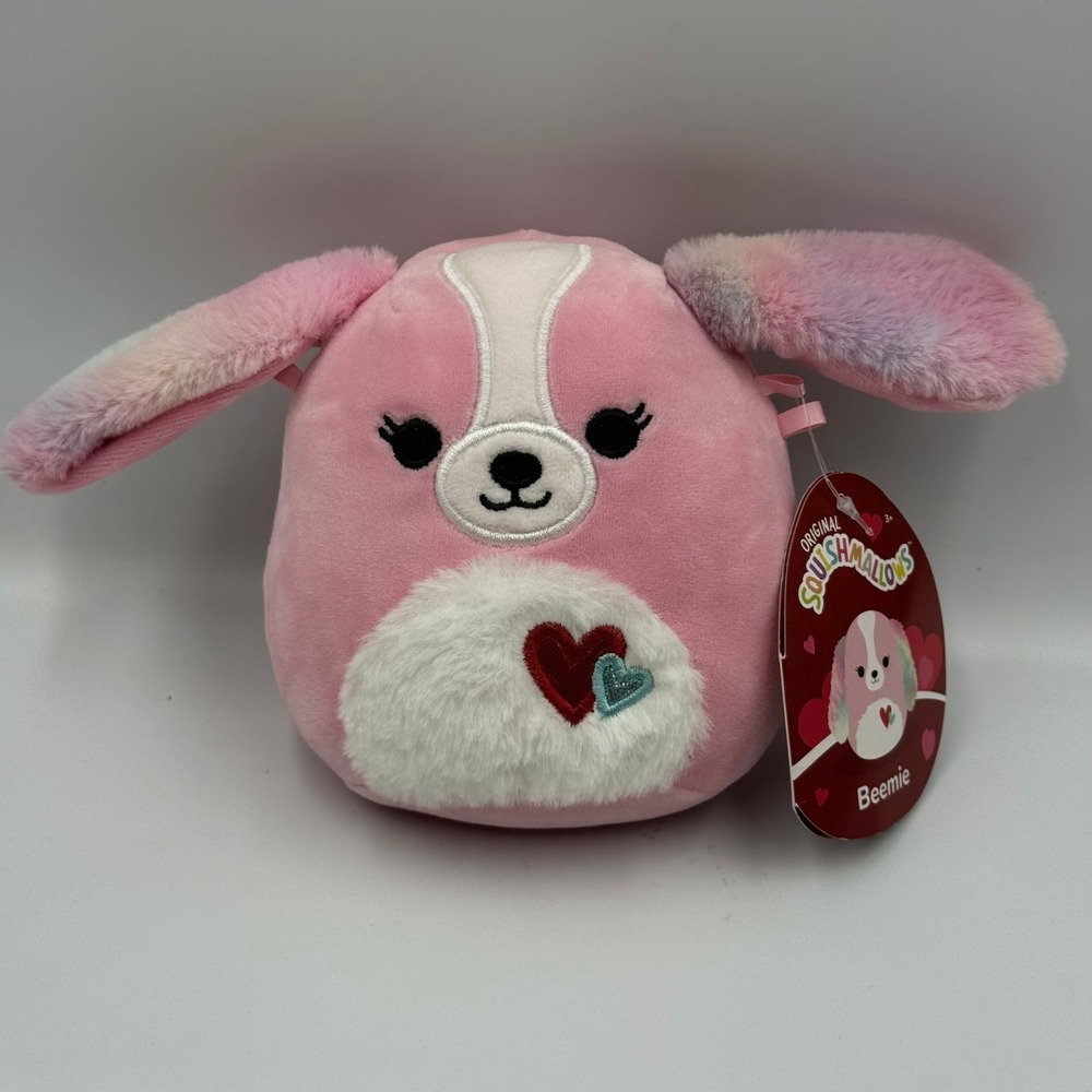 Squishmallows Beemie Pink Dog 5 Inch‎ Valentine Plush Hearts Fuzzy Tie Dye Ears